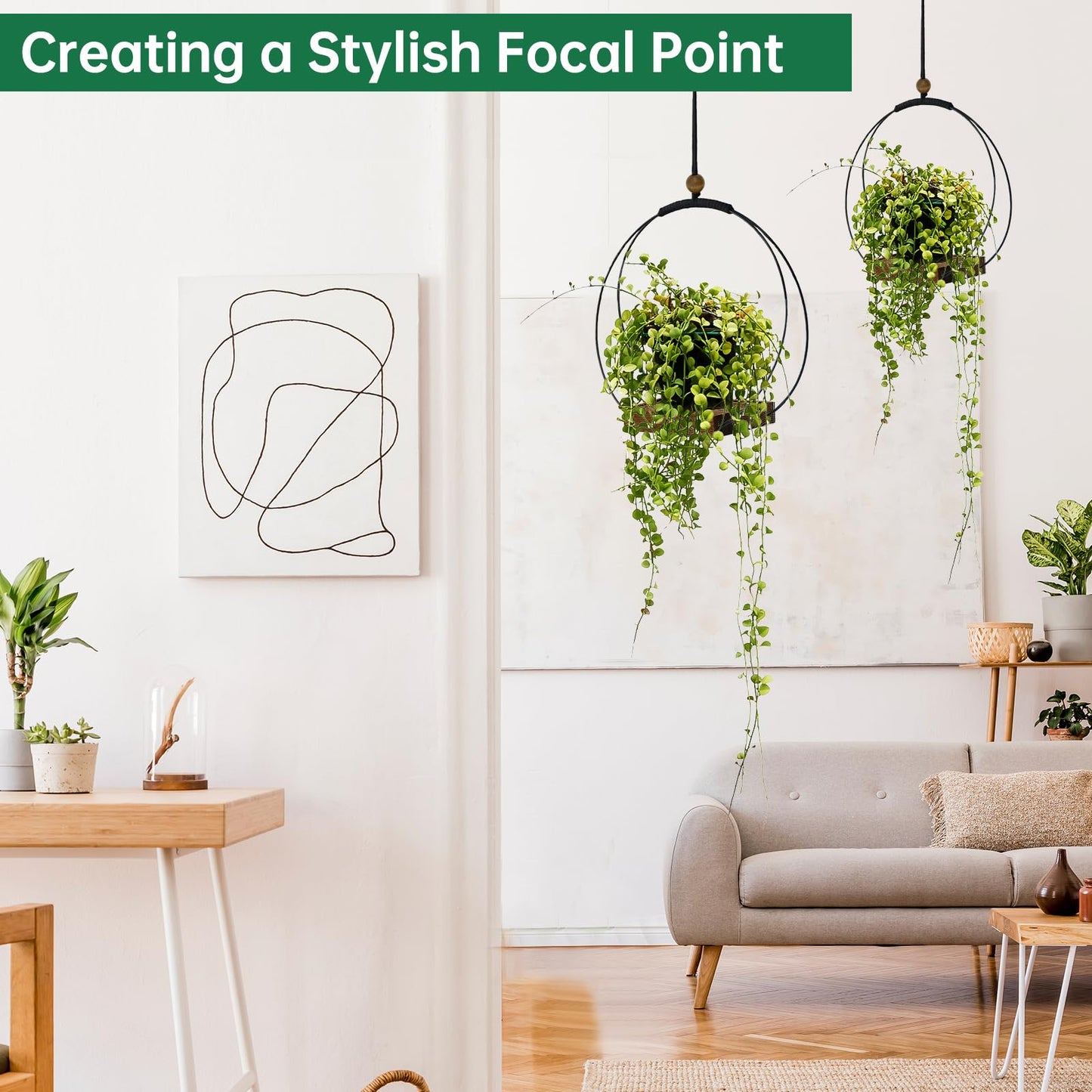 hismocal 2 Pack Hanging Planter for Indoor Plants, Black Plant Hanger with Sturdy Wood Base, Modern Boho Macrame Hanger, Wall Ceiling Window Planter (Plants/Pots Not Included)