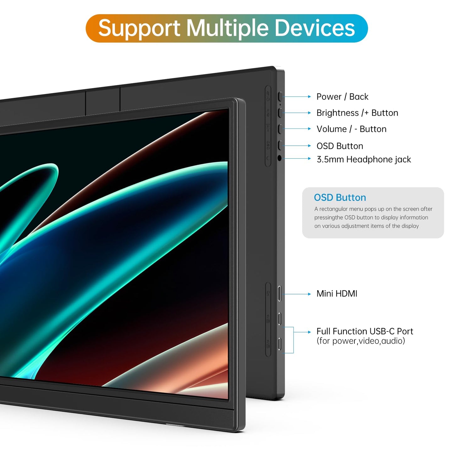MNN Portable Monitor 15.6inch FHD 1080P USB C HDMI Gaming Ultra-Slim IPS Display w/Smart Cover & Speakers,HDR Plug&Play, External Monitor for Laptop PC Phone Mac (15.6'' 1080P)