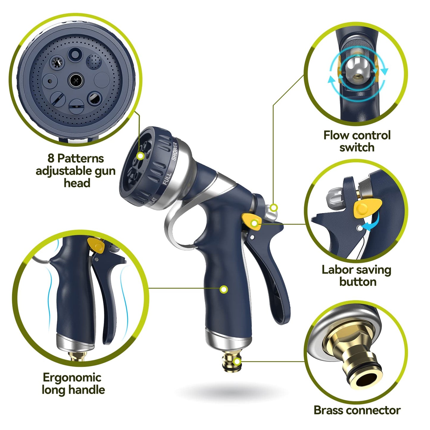 VOXON Hose Pipe Spray Gun with 8 Adjustable Patterns, 100% Heavy Duty Metal Garden Hose Spray Gun Zinc Alloy High Pressure Spray Nozzle Perfect for Car and Pet Washing, Cleaning, Garden Watering