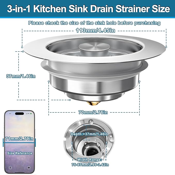 3-in-1 Kitchen Sink Drain Strainer & Stopper, Stainless Steel Food Catcher Plug