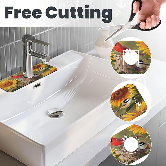 Sunflowers and songbirds Kitchen sink faucet pad, strong water absorption