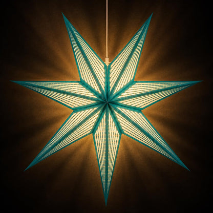 GalaxyArts 7-Point Paper Star Lantern - Striped Cutout Hanging Light Decoration - Foldable Star Lamp Shade for Home, Party, Christmas, Wedding Décor - Indoor/Outdoor Hanging Star(Turquoise)