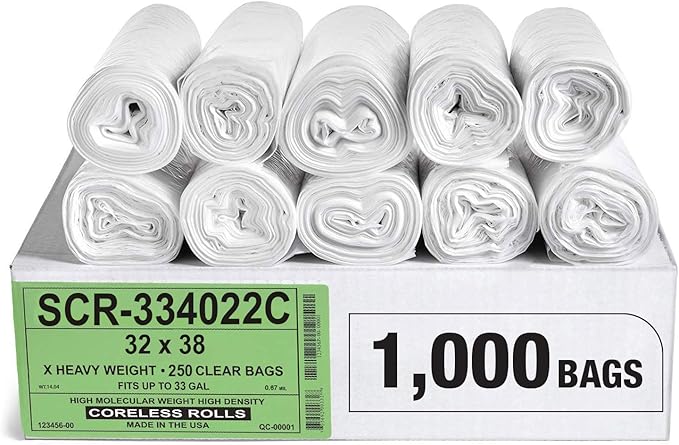 Aluf Plastics 33 Gallon 22 Micron Premium Clear Trash Bags