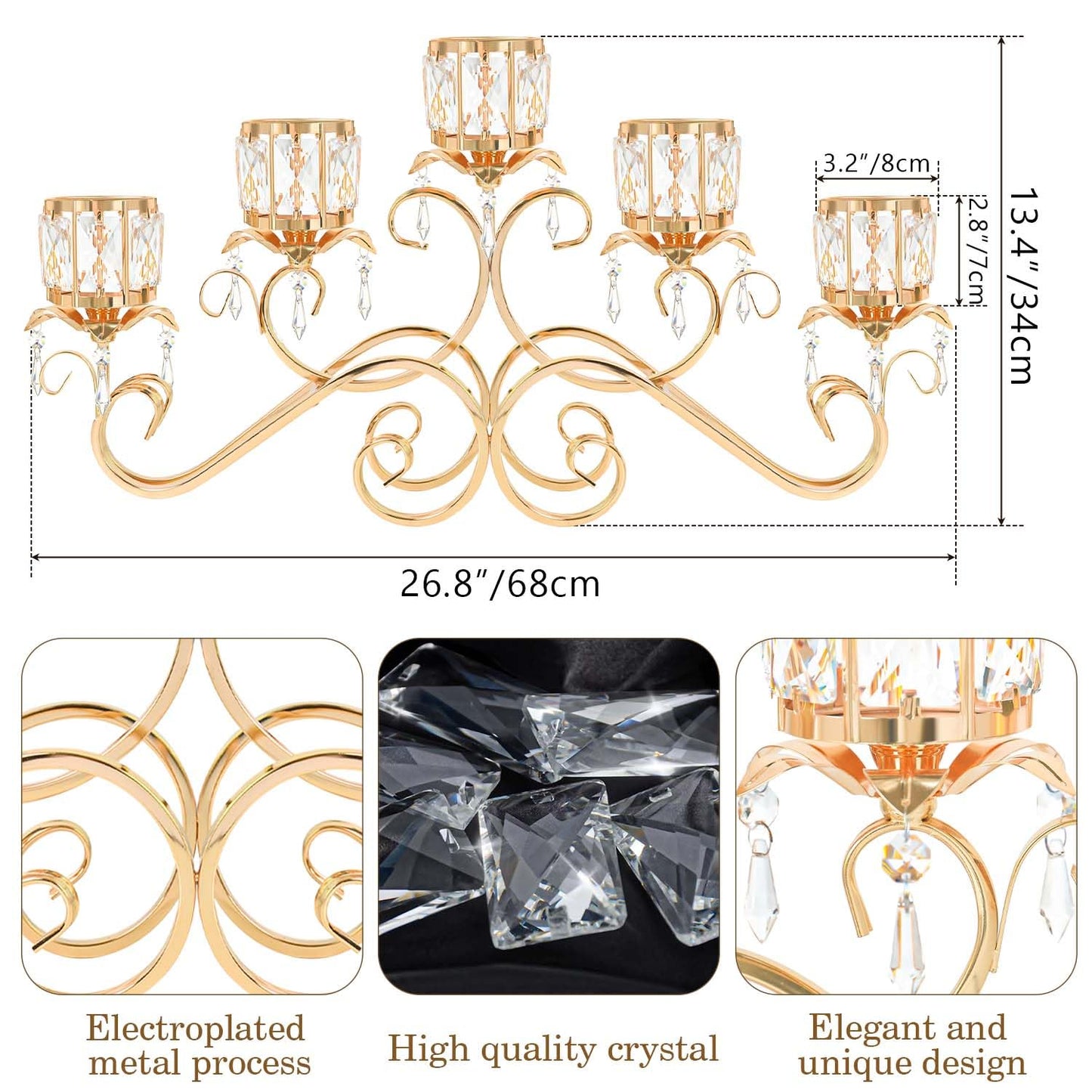 Kehail Gold 5 Arms 26.8 Inches Wide Crystal Pendant Bowl Tea Light Candle Holder, Large Bling Centerpiece Table Decorations, Metal Votive Candle Holders for Dining Table (Gold, Cup-Shaped)