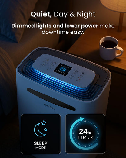 Pro Breeze® 20L/Day Dehumidifier with Digital Humidity Display, Sleep Mode, Continuous Drainage, Laundry Drying and 24 Hour Timer - Ideal for Damp and Condensation