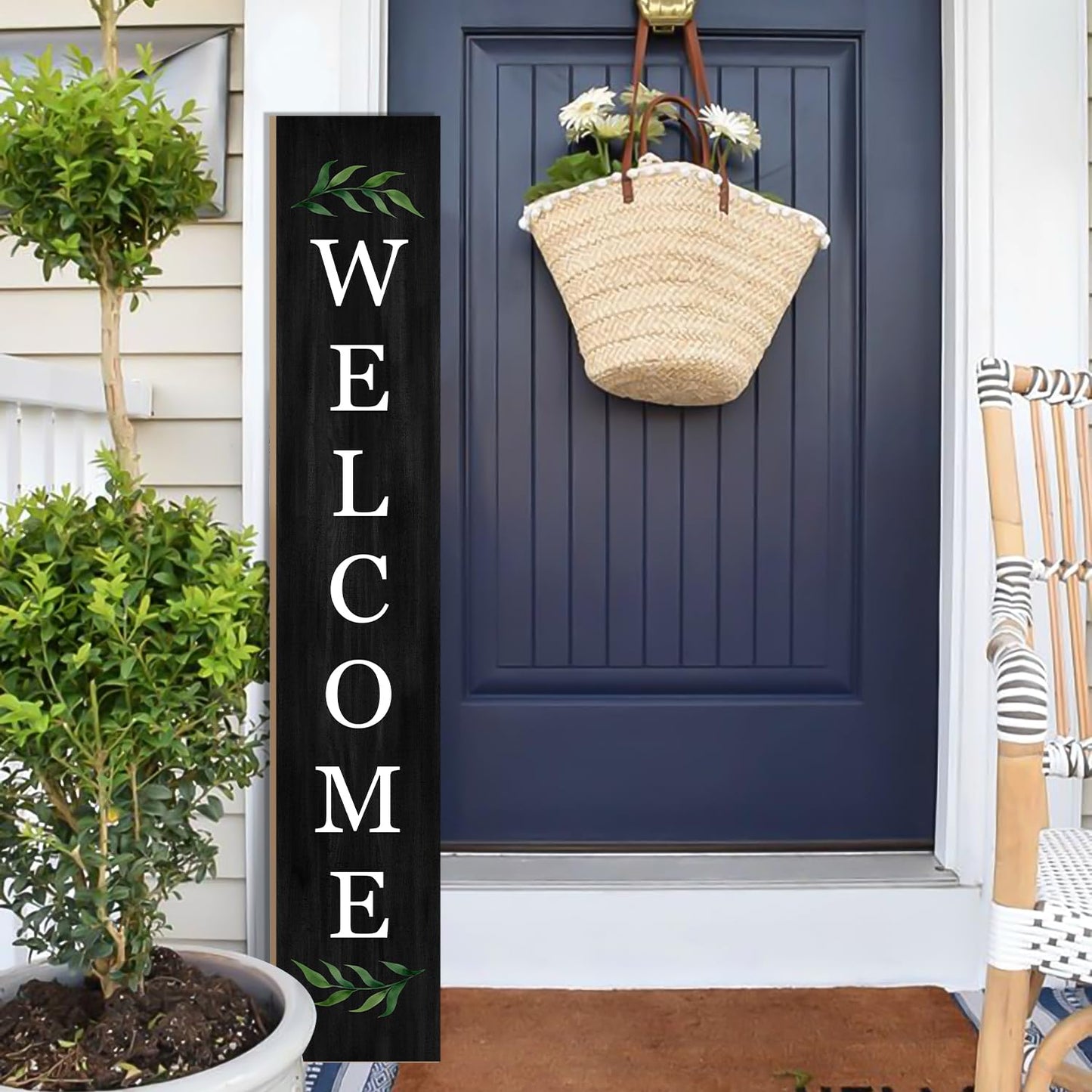 Welcome Wooden Porch Sign 47" Front Door Rustic Standing Large Welcome Porch Sign for Home Front Door Yard Season Party Decor (Black)