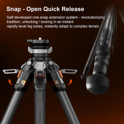 COMAN T1S Snap Open Carbon Fiber Tripod, Professional Tripod for Camera with Ball Bowl Head, 65'' Video Tripod with Quick Release Center Column, Max Load 20kg / 44lb