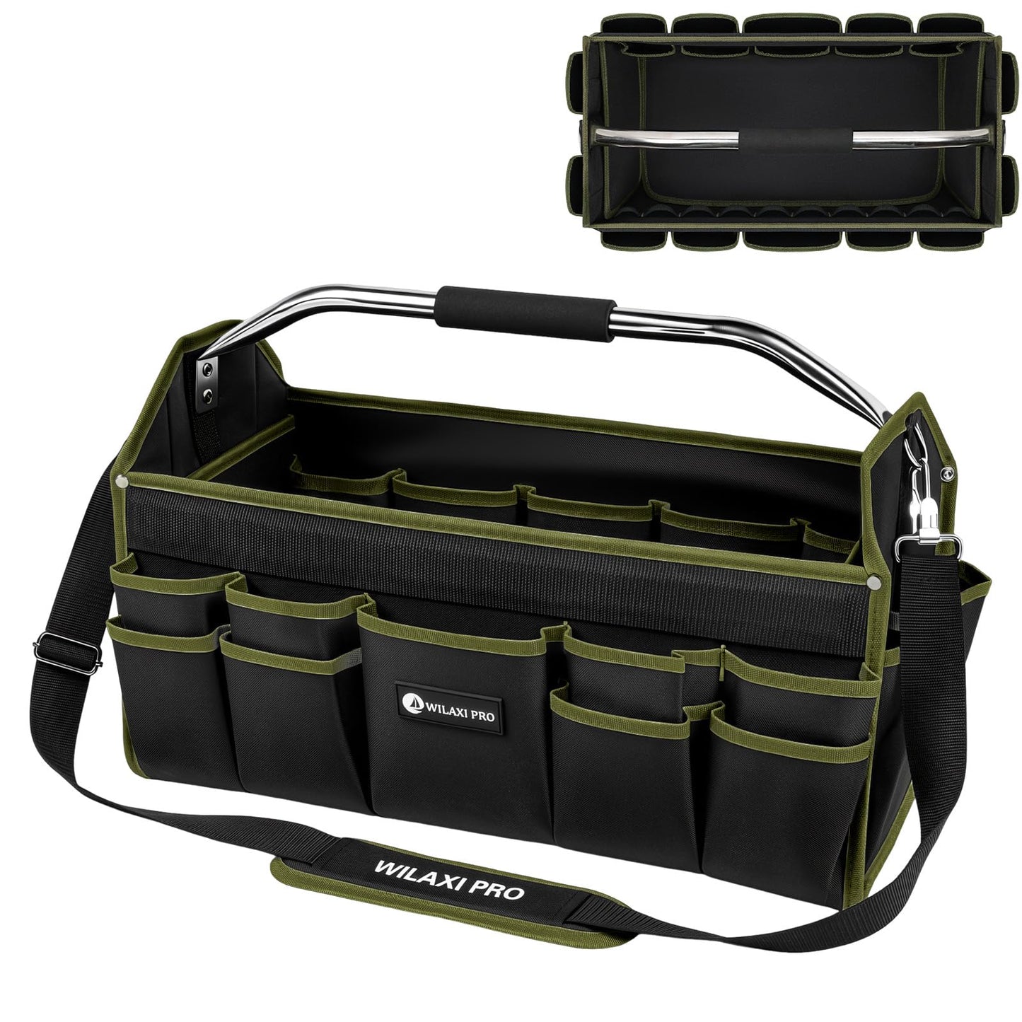 WILAXI PRO 20in Foldable Open Top Tool Bags For Men Heavy Duty, Tool Carrier hard With Handle, Wide Mouth Electrician Tool Tote, Many Pockets Can Hold Many Tool, Green