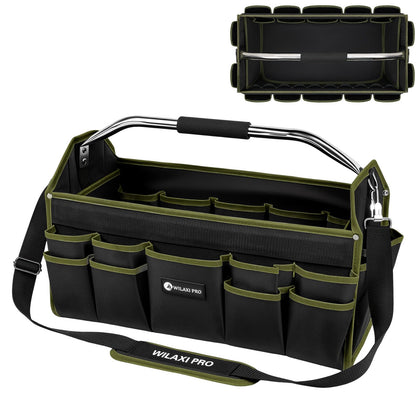 WILAXI PRO 20in Foldable Open Top Tool Bags For Men Heavy Duty, Tool Carrier hard With Handle, Wide Mouth Electrician Tool Tote, Many Pockets Can Hold Many Tool, Green