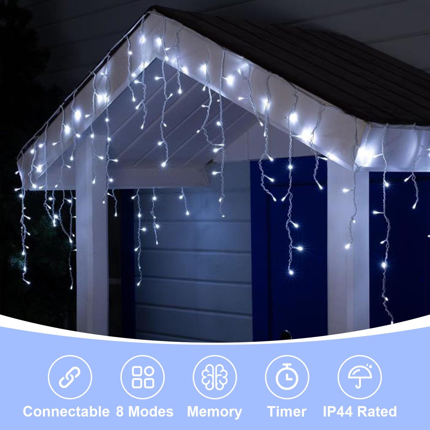 QITONG Icicle Lights for Outside, 33ft 400 LED String Lights Plug in with 8 Modes, Connectable White Icicle Christmas Light Clear Wire Indoor
