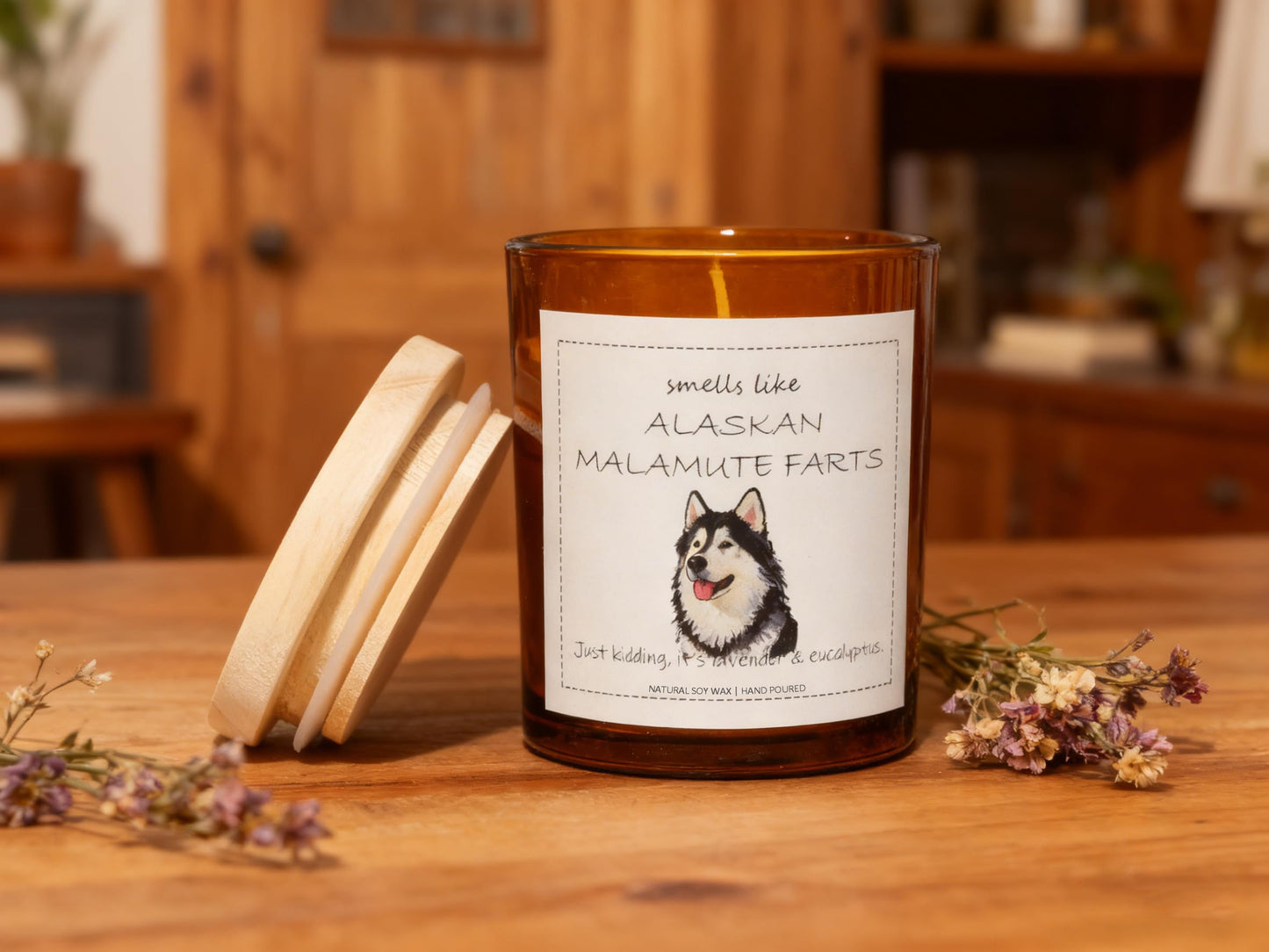 Alaskan Malamute Gifts & Decor, Dog Mom Gift for Women, Smells Like Alaskan Malamute Farts Candle - Lavender & Eucalyptus, Crafted by Natural Soy Wax & Natural Essential Oils