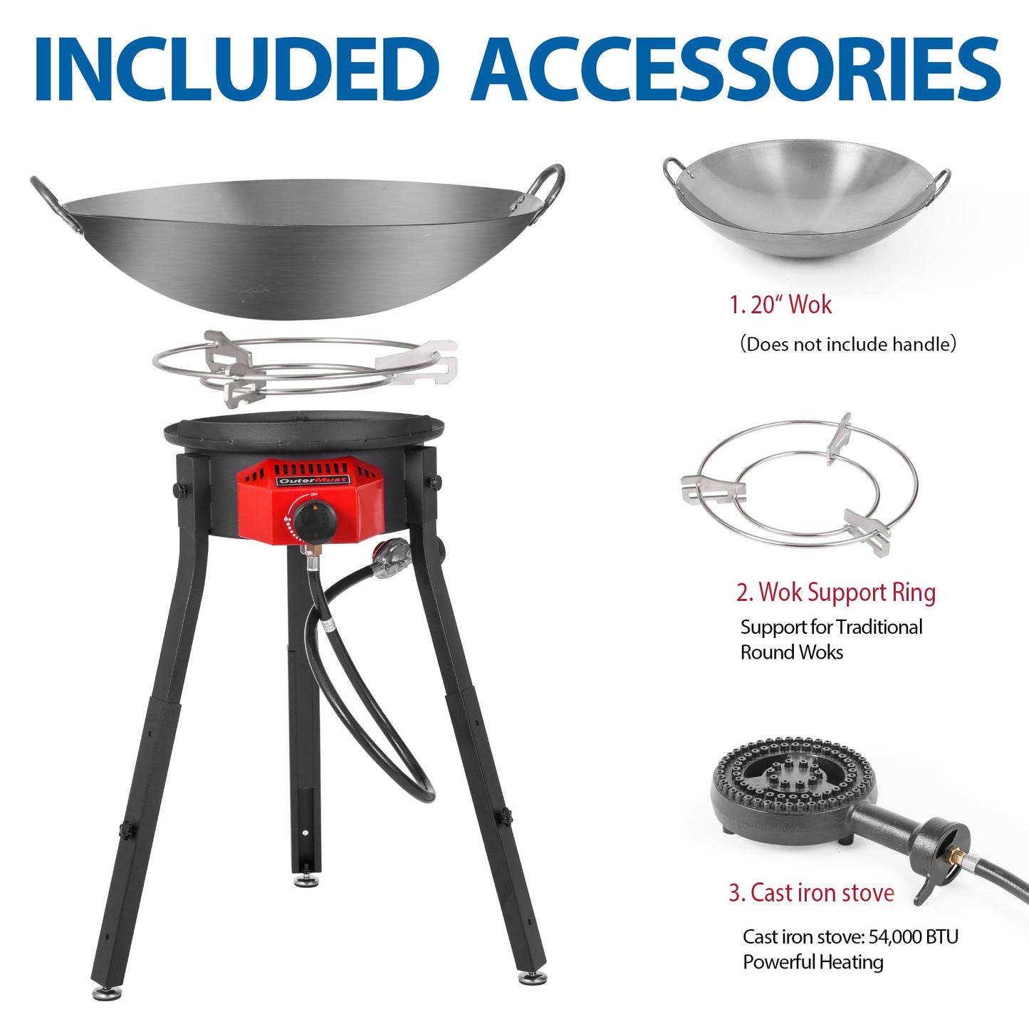 Outdoor Cooker with Iron Wok and Propane Burner, 54,000 BTU High-Pressure Gas Stove with Electronic Ignition & Adjustable Support Stand for Backyard BBQ, Tailgating, Outdoor Cooking