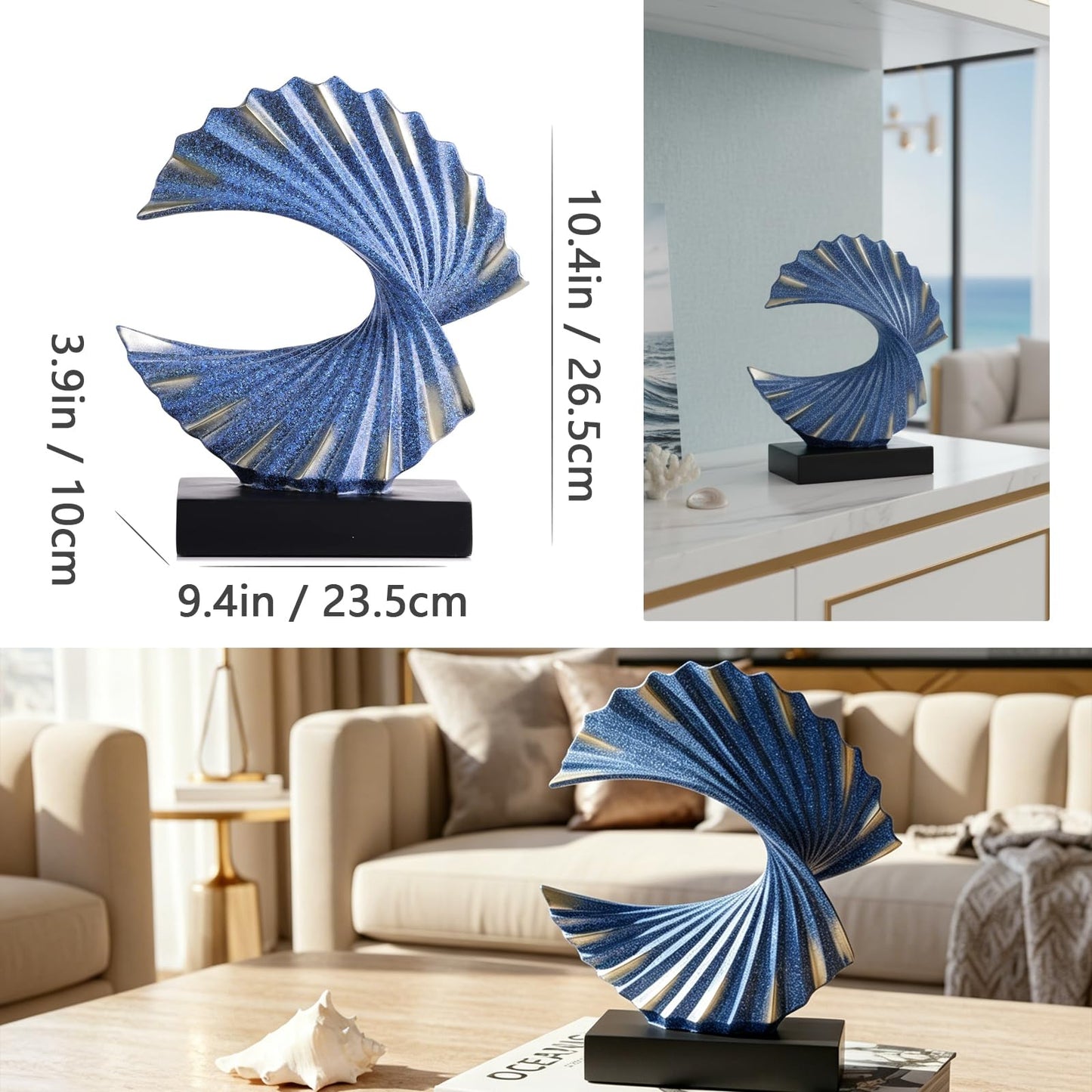 GAOSHENG Blue Gold Wave Sculpture, Modern Ocean Wave Home Accents, Resin Art Statue for Shelf, Coffee Table, TV Stand Adornos Modernos
