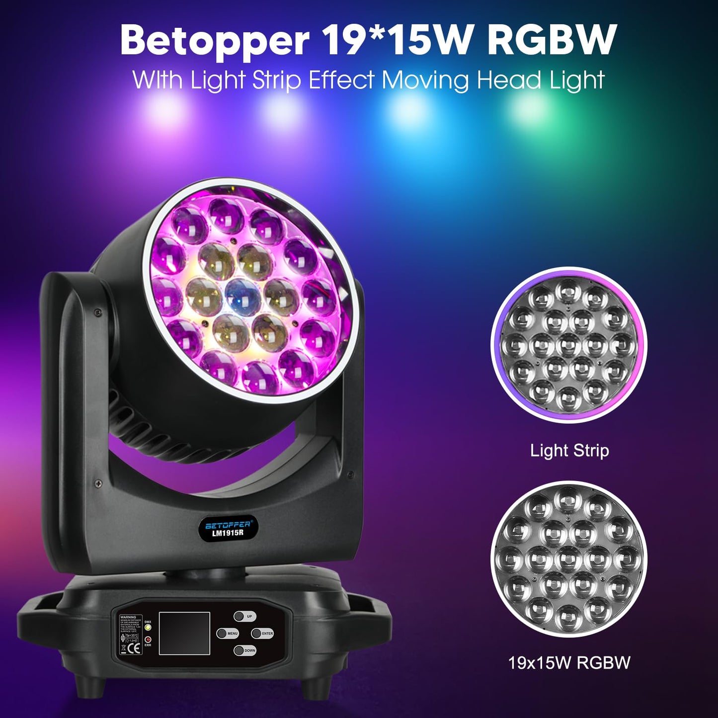 BETOPPER Moving Head Light,19x15W RGBW with Light Strip Effect Moving Head Stage Spotlight,Lightweight Disco DJLight for Party Wedding Club Bars Show（1）