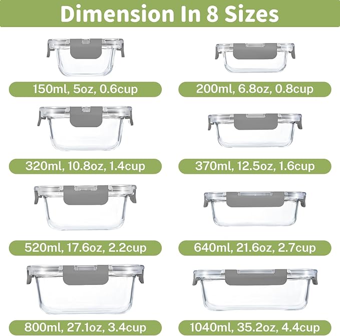 HOMBERKING 8 Pack Glass Food Storage Containers