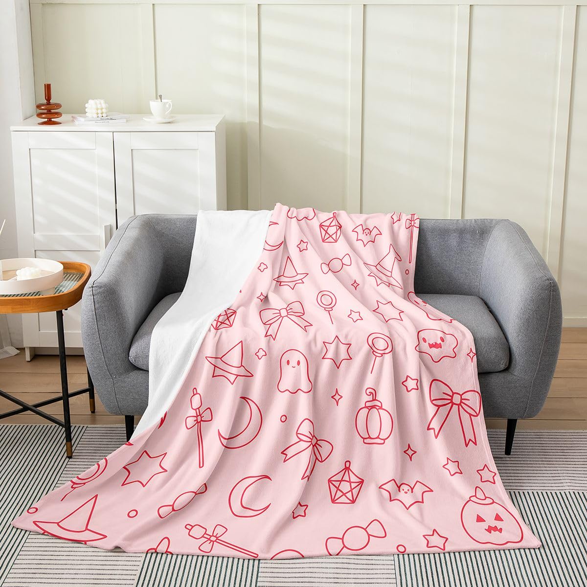 Feelyou Ghost Flannel Fleece Throw Blanket Halloween Themed Throw 50"x60" Trick or Treat Fleece Throw Blanket for Kids Women Men Spooky Pumpkin for Bed Couch Chair Living Room Pink Bedroom Decor