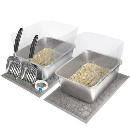2 Set Stainless Steel Litter Box - 17.7"x13.8"x5.9", High-Sided Shield, Scoops, Mats for Multiple Cats, Easy to Clean