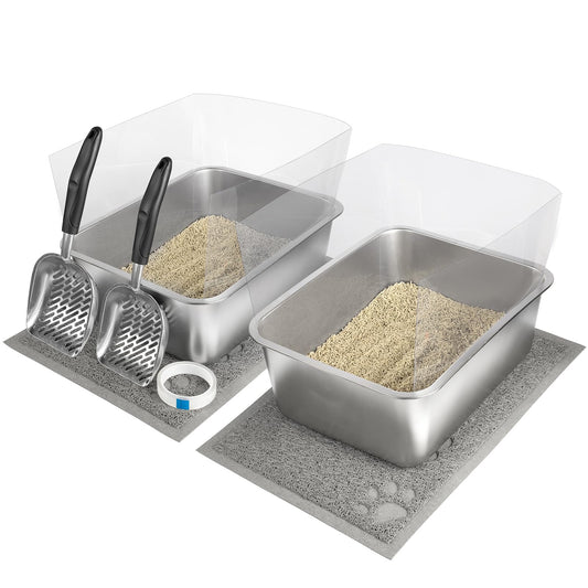 2 Set Stainless Steel Litter Box - 17.7"x13.8"x5.9", High-Sided Shield, Scoops, Mats for Multiple Cats, Easy to Clean