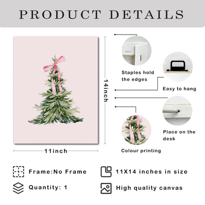 JWVK Ty-You-031 Prints Pink Coquette Bow Trendy Christmas Pine Tree Framed Wall Art Canvas Decor Decorations for Bedroom, Pink Christmas Signs Sign, 11x14