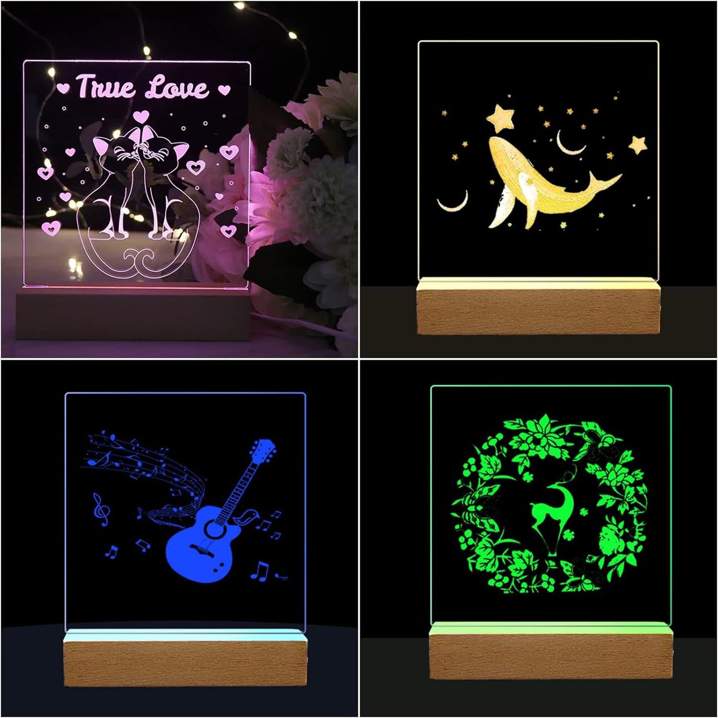 Lyshujli 4Pcs 6" Wooden LED Light Stand Base, Colorful Light Rectangle Wood Display Pedestal Led Light Base Night Light Base for Acrylic Sheet 3D Crystal Glass Art