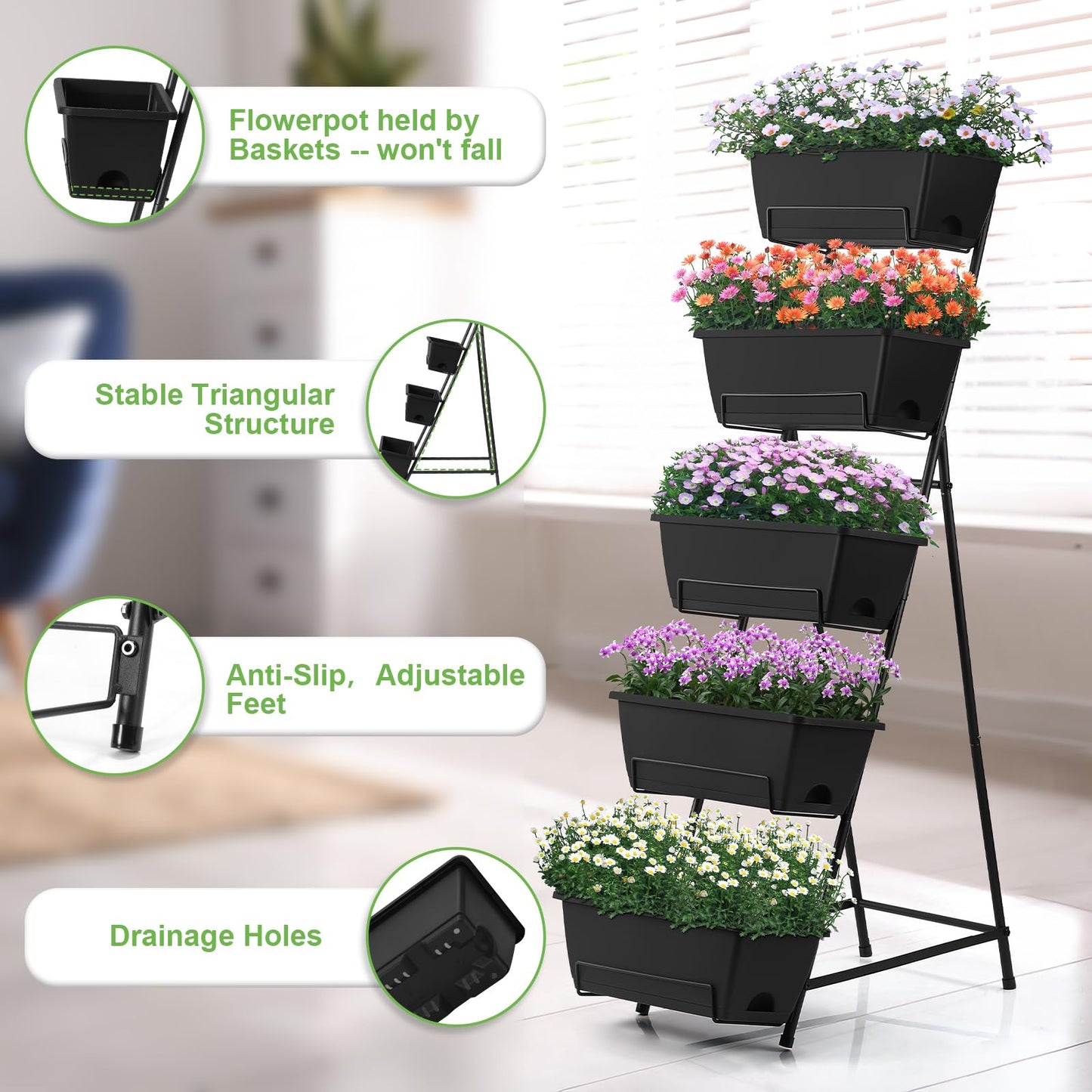 Fogein 5 Tier Vertical Raised Garden Bed Planter Box, Vertical Raised Bed with Drainage Holes for Indoor Outdoor Herbs Flowers Vegetables Plants, Black