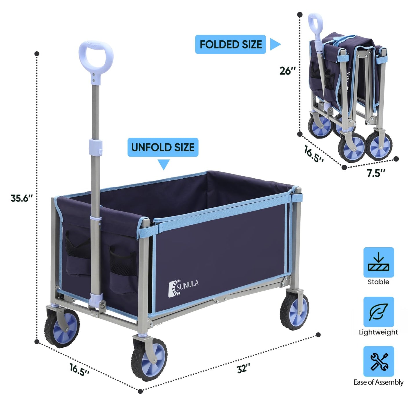 Sunula Foldable Wagon Cart 220lbs- 3 in 1 Collapsible Wagon Cart with Wheels, 2 Cup Holders, for Groceries, Camping, Shopping, Garden, Pet Riding-1 Year Warranty