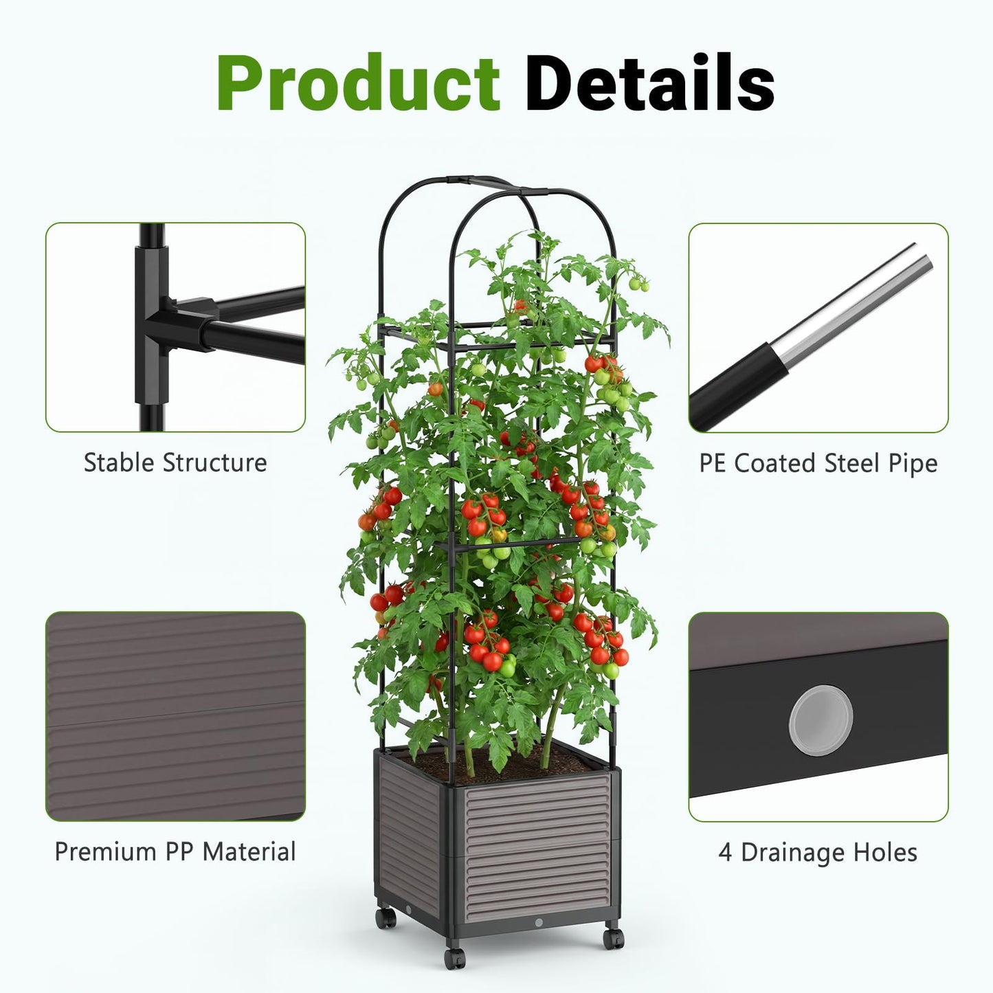 DoCred 60" H Raised Garden Bed Planter Box with Wheels, 2 Pack Tomato Cage Planter Raised Garden Bed with Trellis for Climbing Vegetables Plants Tomato Cage, Indoor Outdoor Use