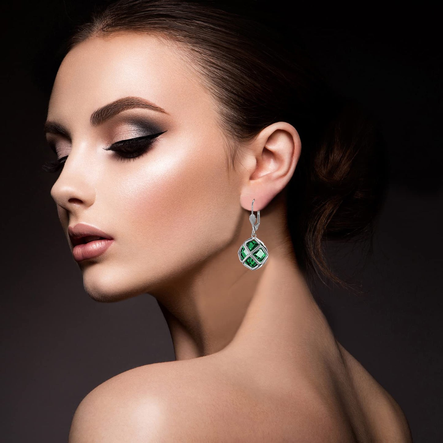 Big Dark Green Crystal Dangle Earrings for Women (May-Emerald-14K Gold)