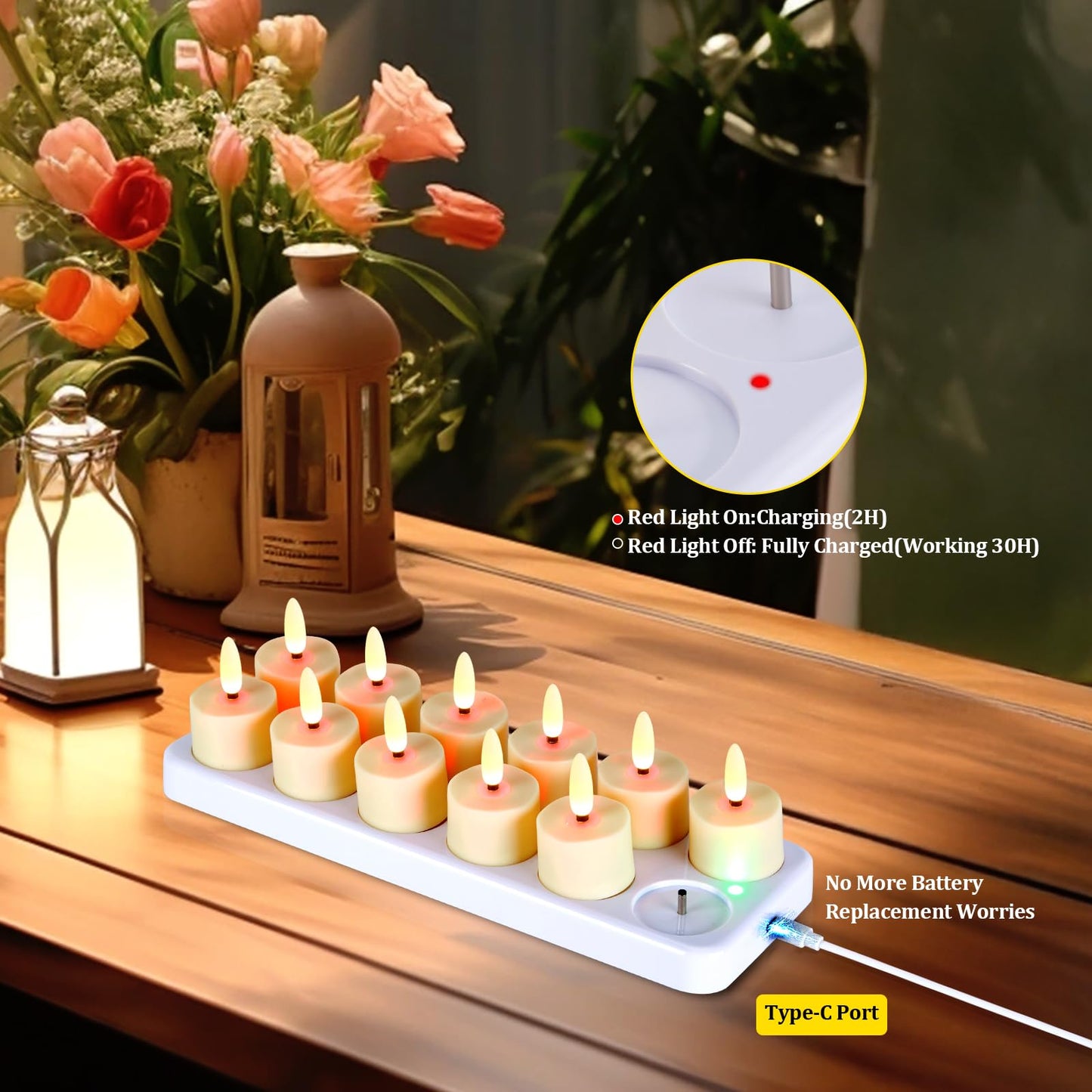 IMAGE 12-Pack Rechargeable Flameless Tea Lights with Charging Base Remote & Timer, Realistic 3D Flickering LED Candles for Home Decor, Weddings, Halloween and Christmas(1.53" x 2.17")