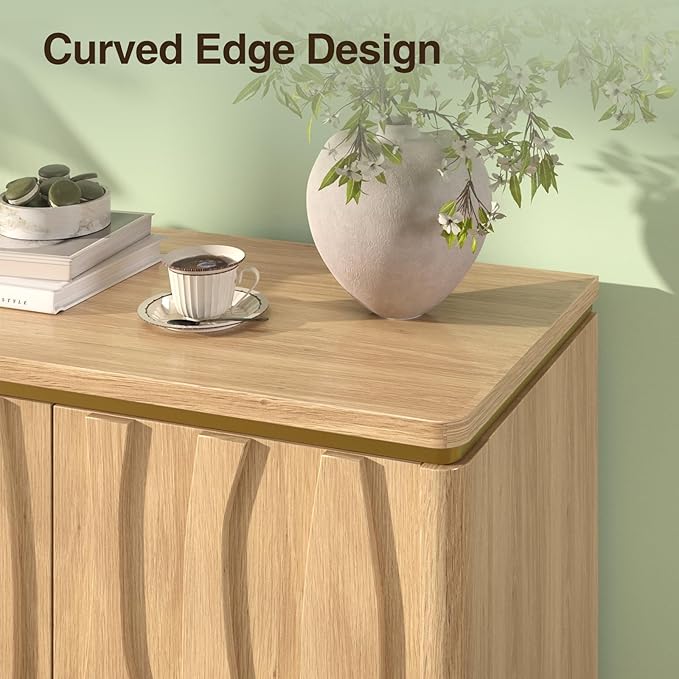 Fluted Cabinet with 3D Ripple Doors, 57.9" W Storage Cabinet with Adjustable