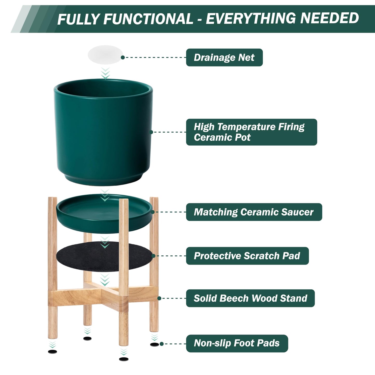D'vine Dev Ceramic Planter with Natural Stand - 10 Inch Modern Round Flower Pot with Wood Planter Holder, Teal, 55-B-K-4