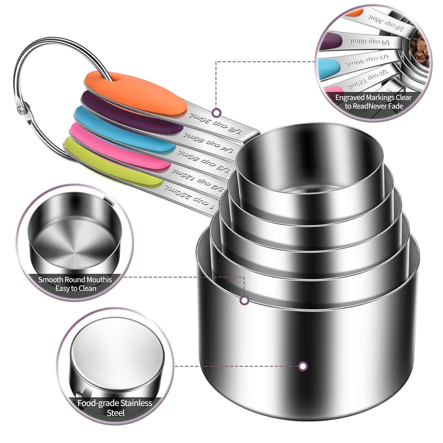 10-Piece Measuring Cups and Spoons Set, 304 Stainless Steel with Color-Coded Handles, Engraved Markings Never Fade, Plastic Free, Dishwasher Safe, Includes 1/8 Cup & 1/4 Tsp
