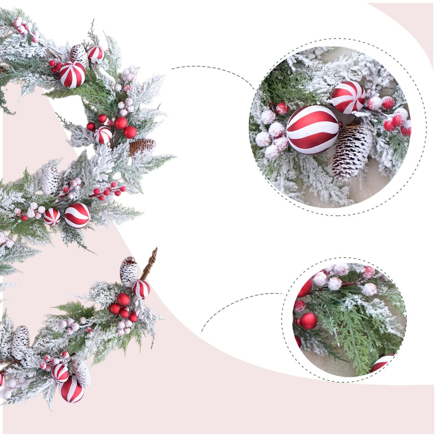 Egolot 70 Inch Christmas Candy Cane Garland for Front Door, Winter Red White Xmas Holiday Garland for Indoor Outdoor, Christmas Frosted Garland with Berries and Pine Cones