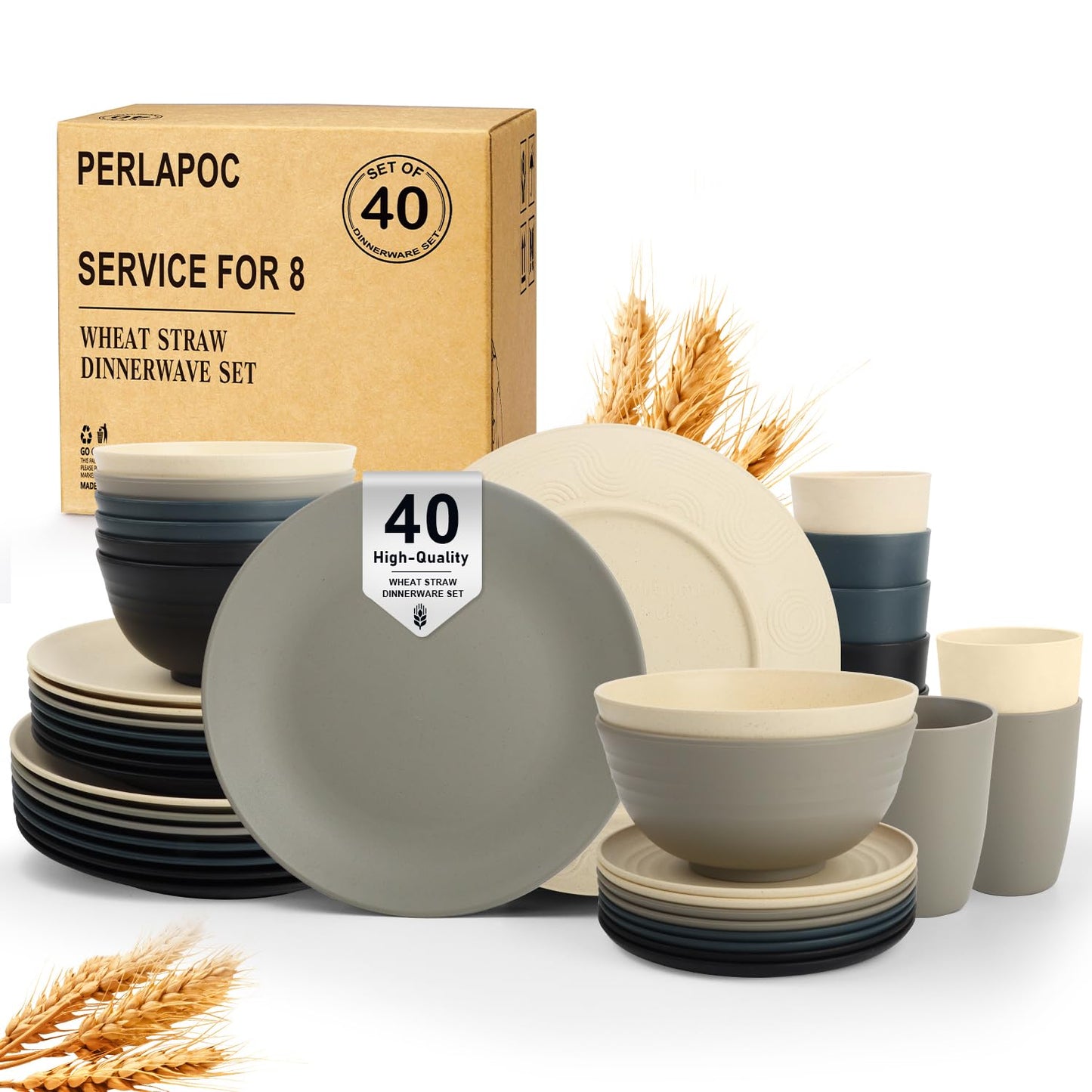 Wheat Straw Dinnerware Set 40-Piece Service for 8 Unbreakable Dishes Set Plates and Bowls Sets Drinking Glasses Microwave Safe Dish Set Lightweight Dinnerware Set for Home & Kitchen - Yellow