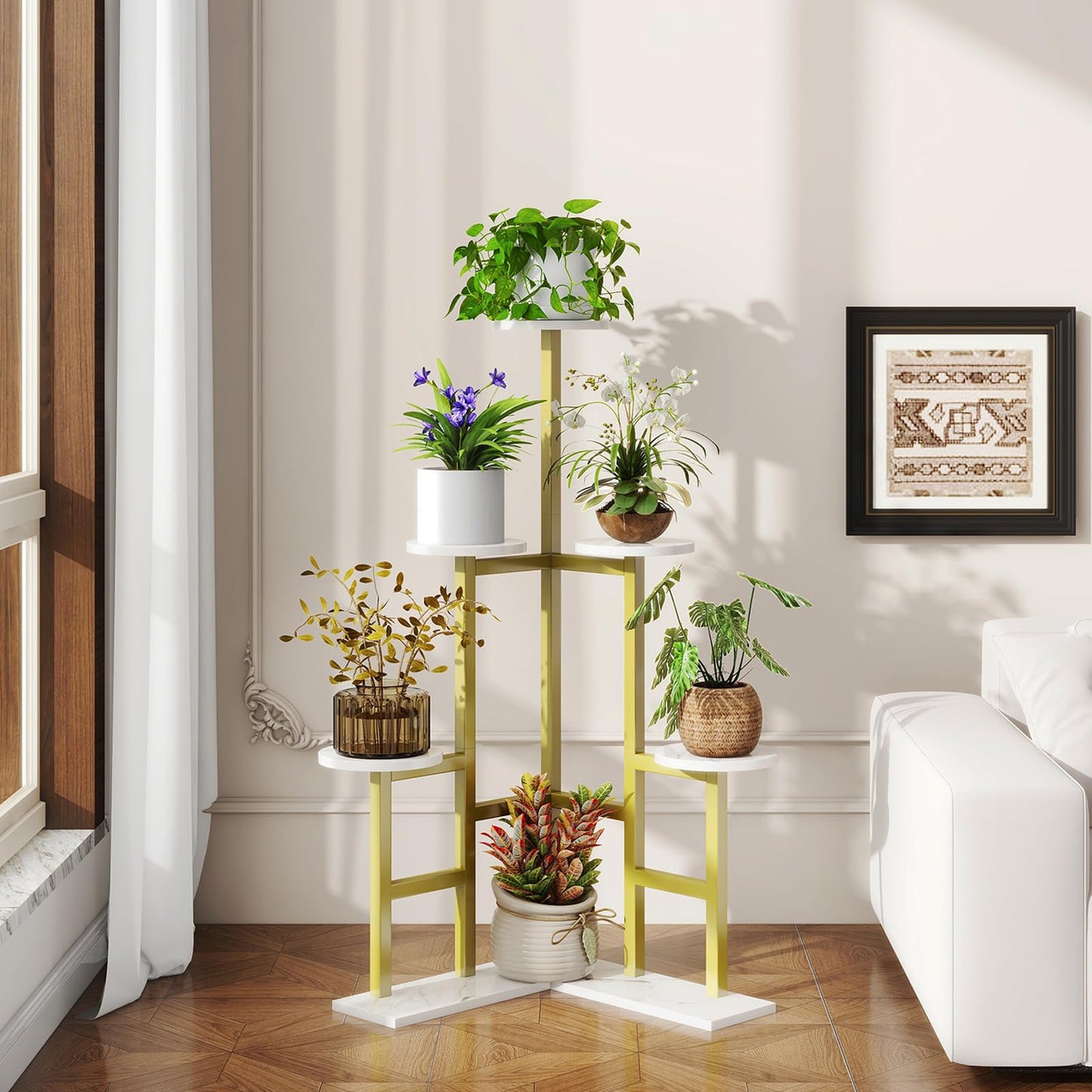 IBUYKE 6 Tier Plant Stand Indoor, Tall Flower Pot Stand for Multiple Plants, Tiered Corner Plant Shelf for Living Room Patio Balcony Garden, , Gold TMJ072G