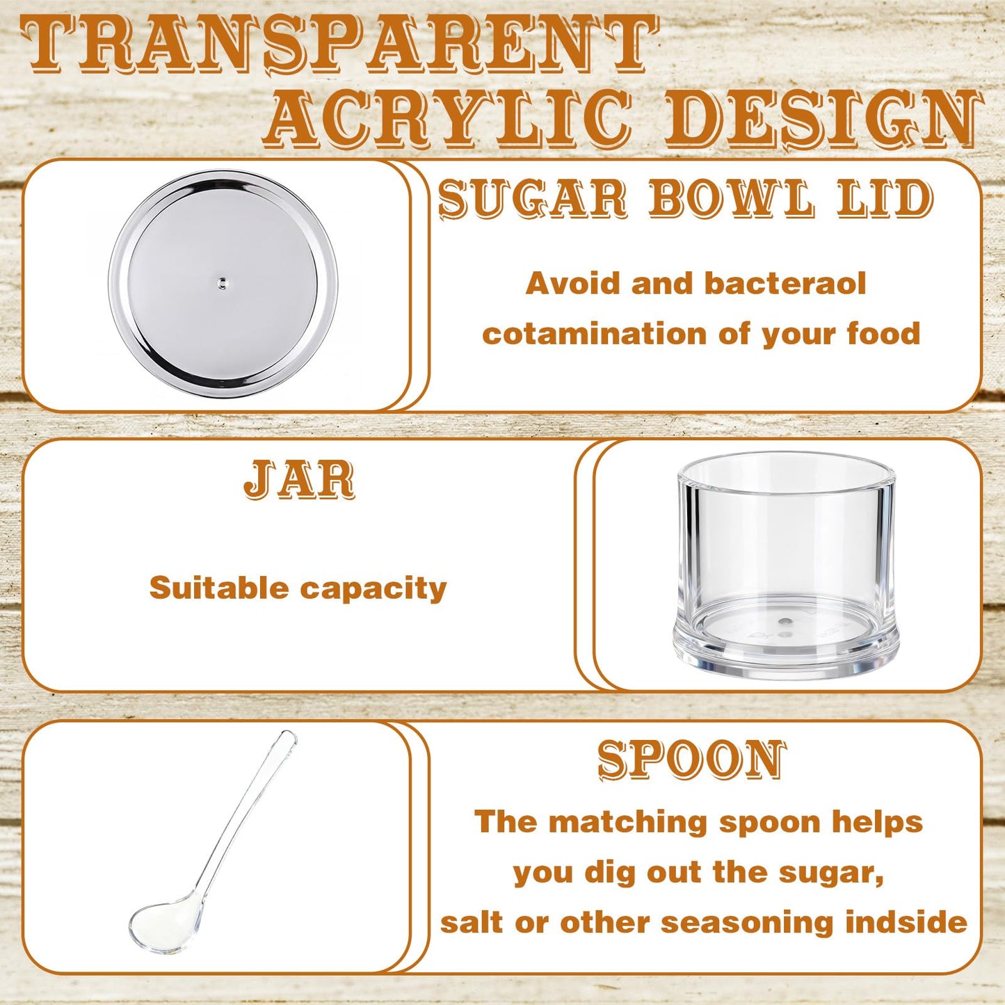 Ferrochef Set of 3 Acrylic Sugar Container with Lid Spoon and Tray 7oz Clear Condiment Coffee Jars Container with Labels Seasoning Salt Box Set for Kitchen Storage Coffee Bar