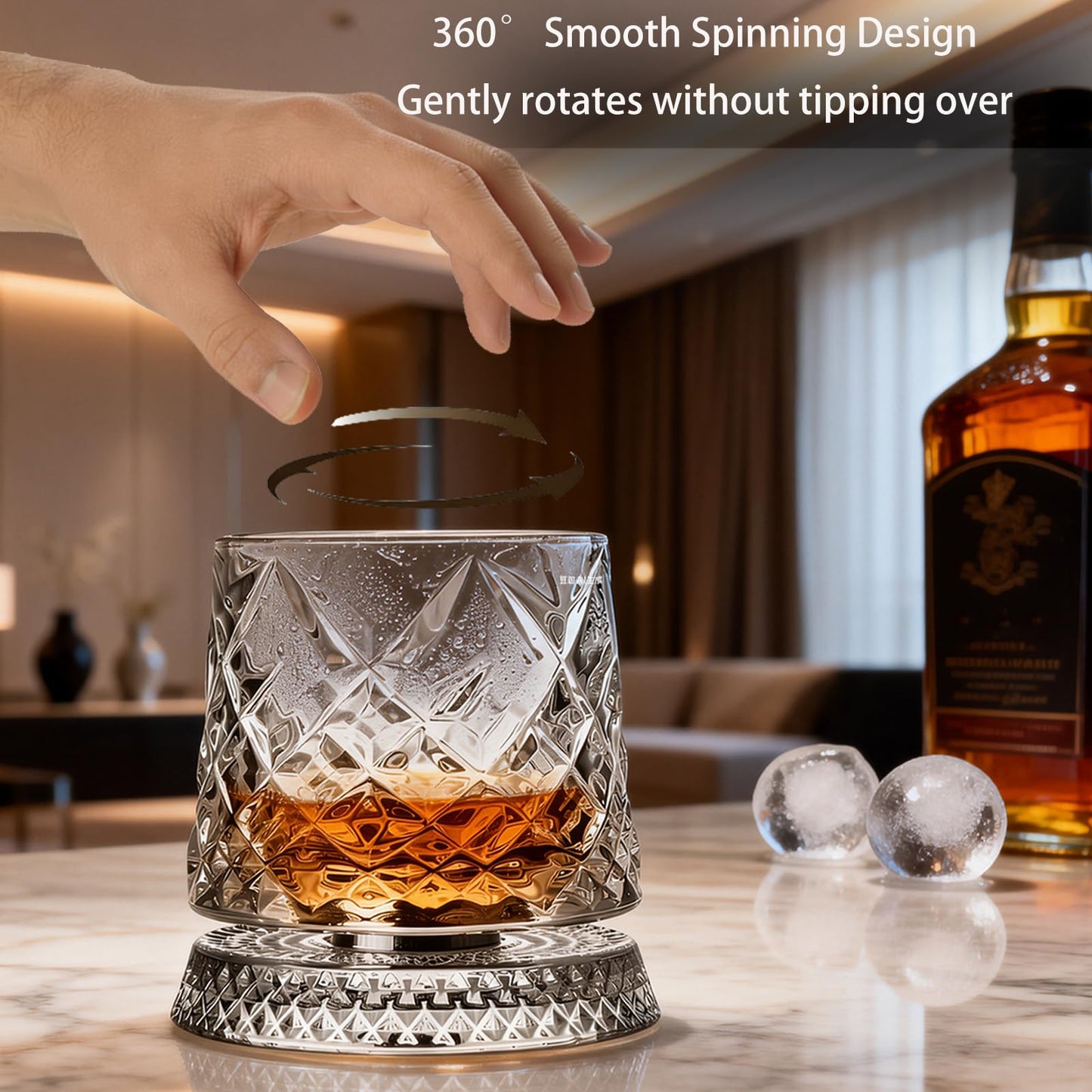 Spinning Whiskey Glass,Set of 2 – 360° Rotating Crystal Whiskey Tumblers with Heavy Base,Lead-Free Premium Glass for Bourbon & Scotch,Unique Gift for Men(A)
