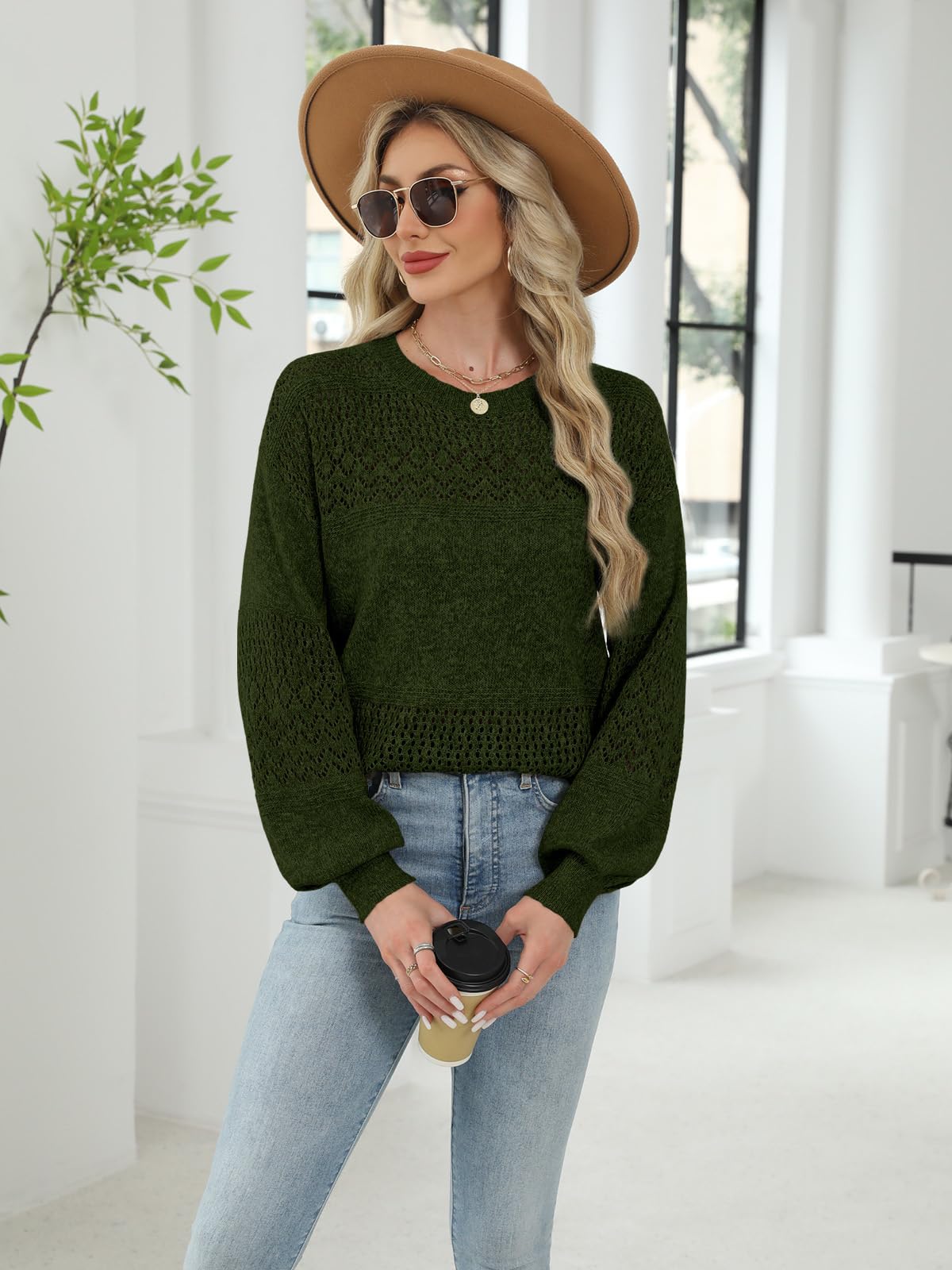 Lylinan Womens Sweaters Casual Boho Long Sleeve Shirts Crewneck Lightweight Crochet Tops Pullover Knit Sweater