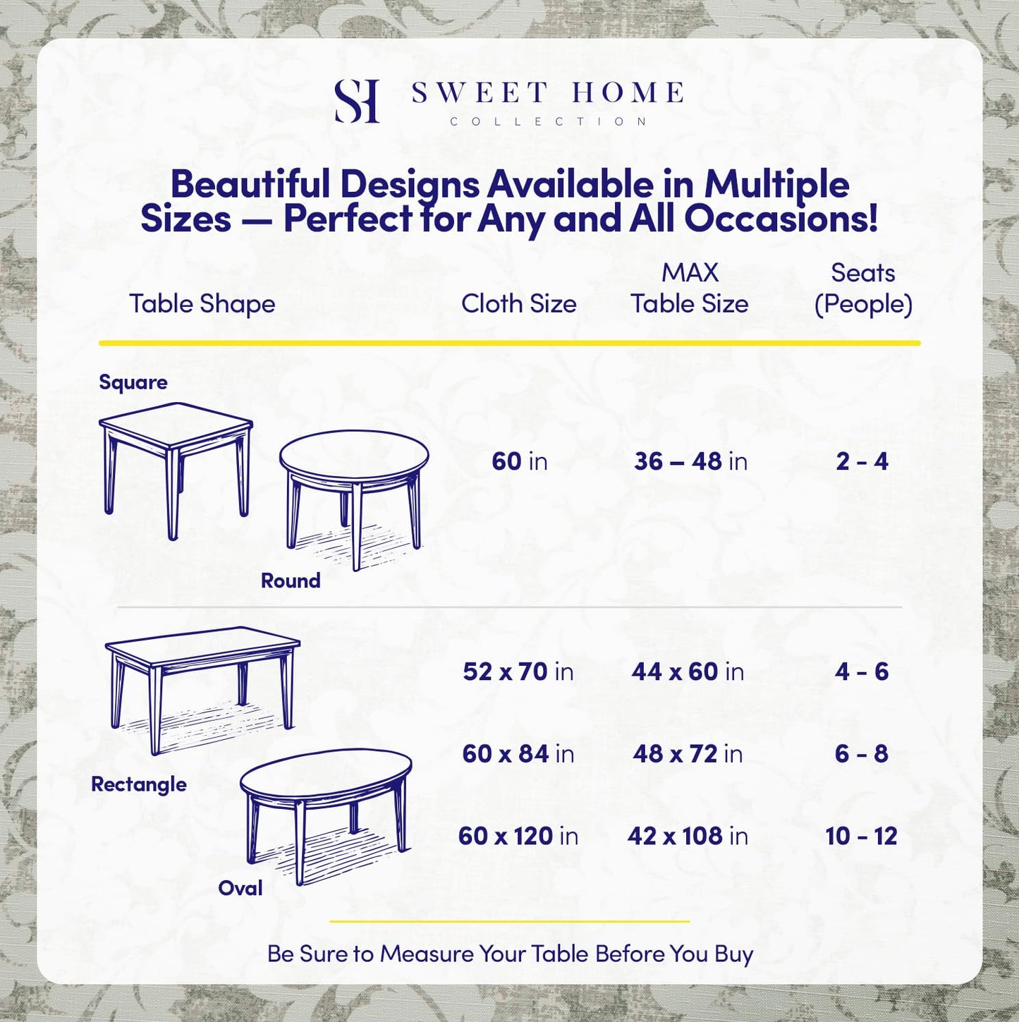 Rectangle Tablecloth 60" x 84" 100% Waterproof Fabric — Wipe-Clean, Tear-Proof Decorative Table Cover for Indoor & Outdoor Dining Elegant Patterns for Kitchens, Dining Rooms, Damask