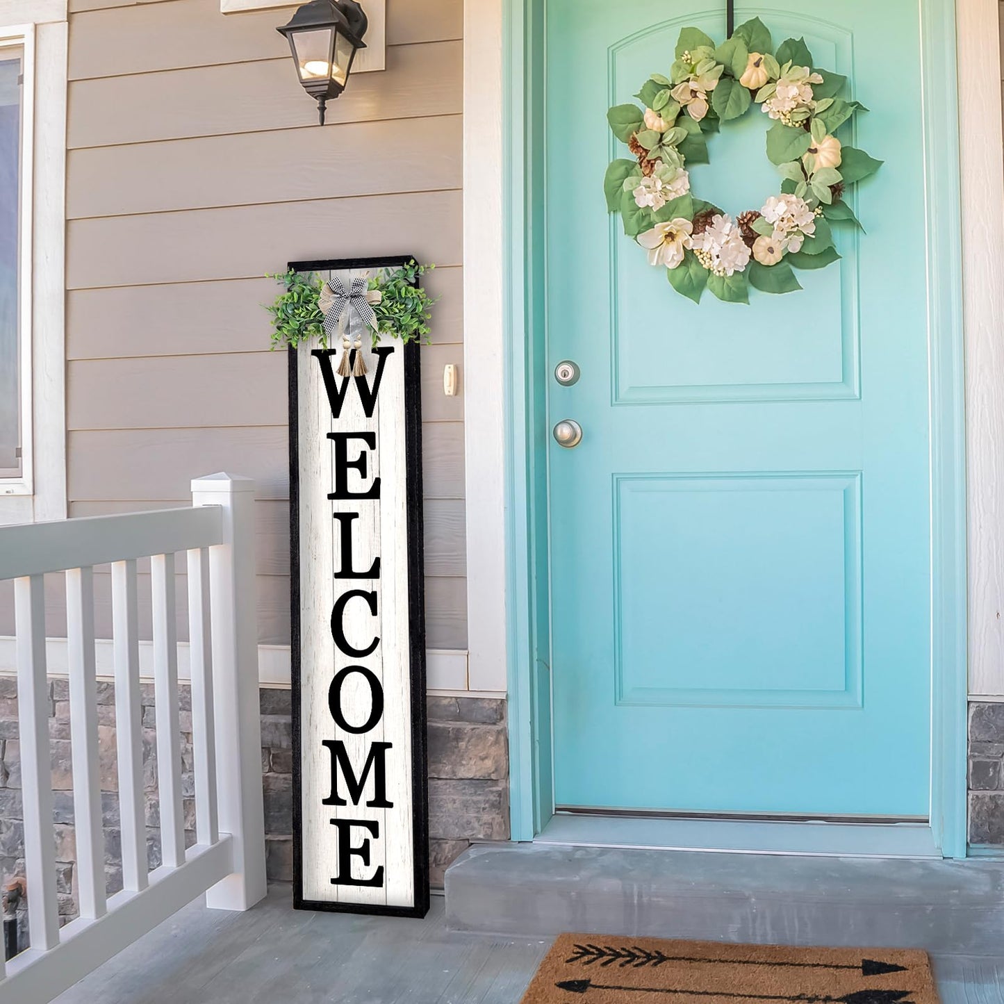 LuZhiQiang Front Porch for Welcome Standing Sign 45"X9" Vertical Tall Long Leaner Outdoor Front Door Wood Framed Decor (Black)