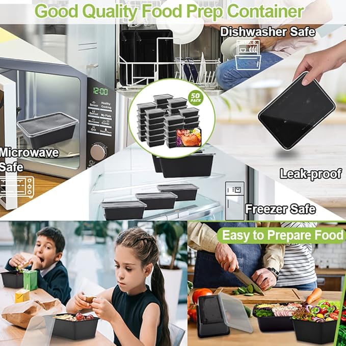 50-Pack Meal Prep Containers, 26 OZ Microwavable Reusable Food Containers