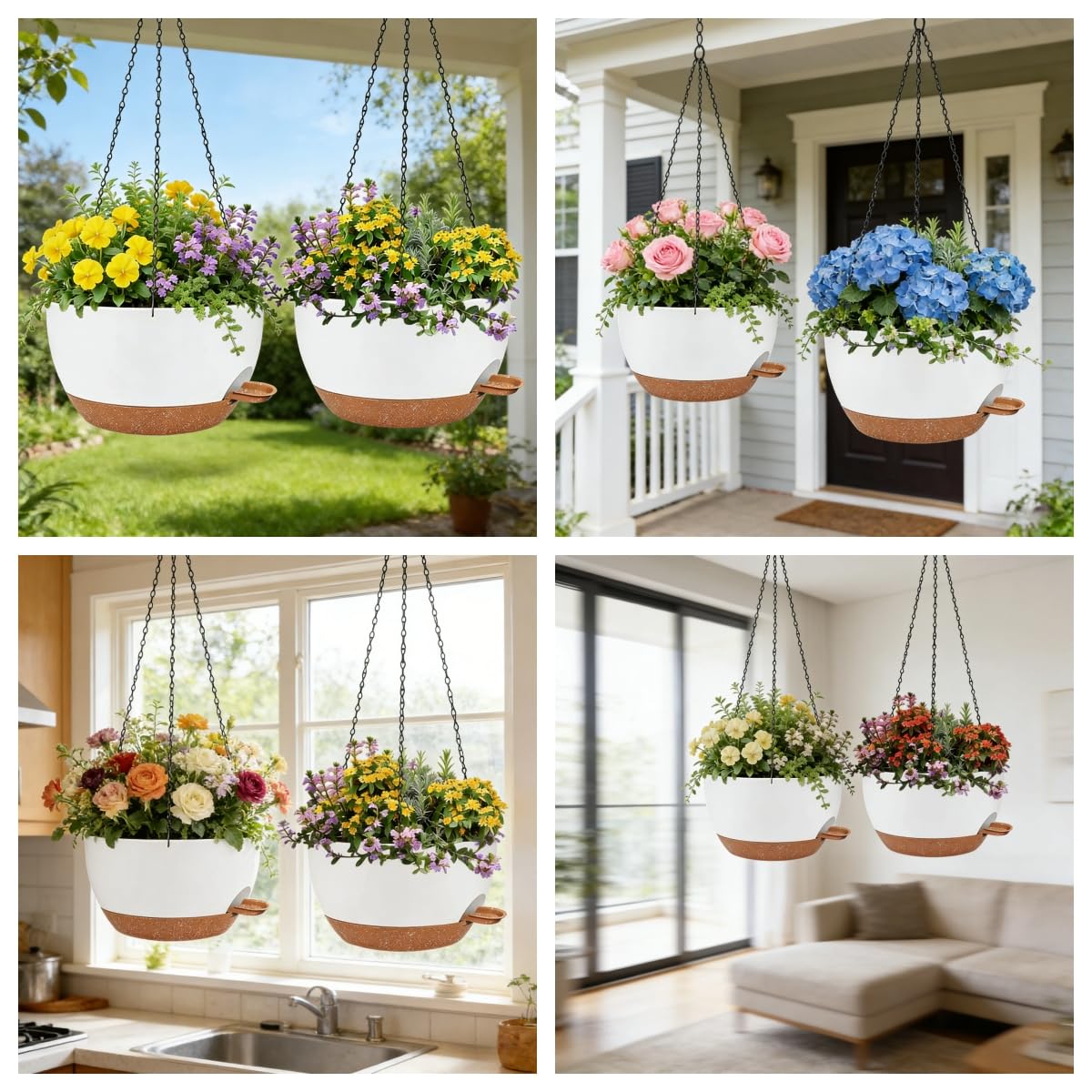 zople 2 Pack 12 Inch Self Watering Hanging Planters for Indoor Plants, Large White Brown Plastic Hanging Pots with Chains for Outdoor Patio Garden Home Decor White Brown