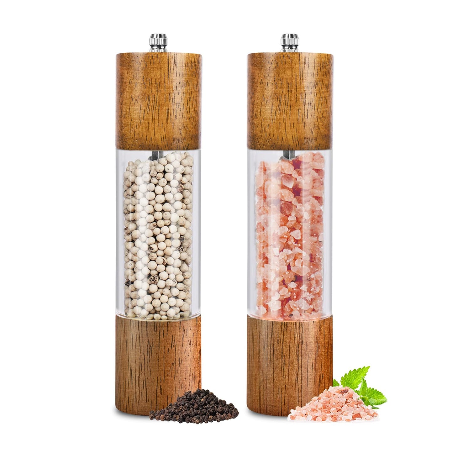Haomacro 2 Pack Salt and Pepper Grinder Set, Premium Acrylic Salt and Pepper Mills - Manual Oak Wooden Shakers with Adjustable Ceramic Core-8 Inches