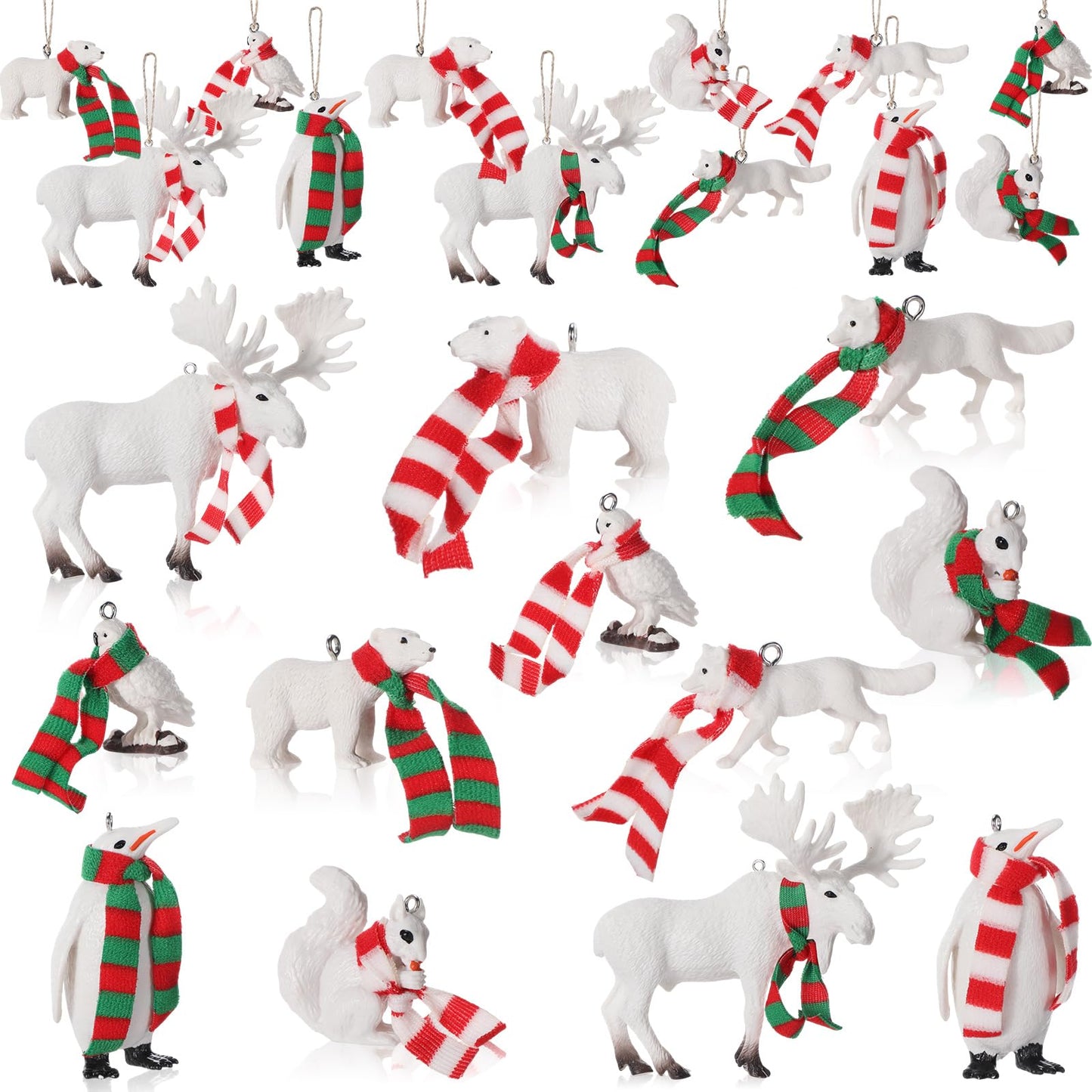 Blosssound 12 Pcs Christmas Polar Animal Ornaments 3D Christmas Tree Ornaments with Mini Scarves White Winter Tree Decorations Polar Bear Fox Squirrel Owl Hanging Pendant Figurines Party Favors