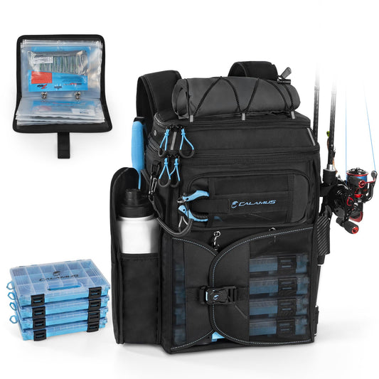 Calamus GearMaster Tackle Backpack with Bait Binder, Large Lightweight Water-Resistant Fishing Bag, Rod Holders, Food Storage