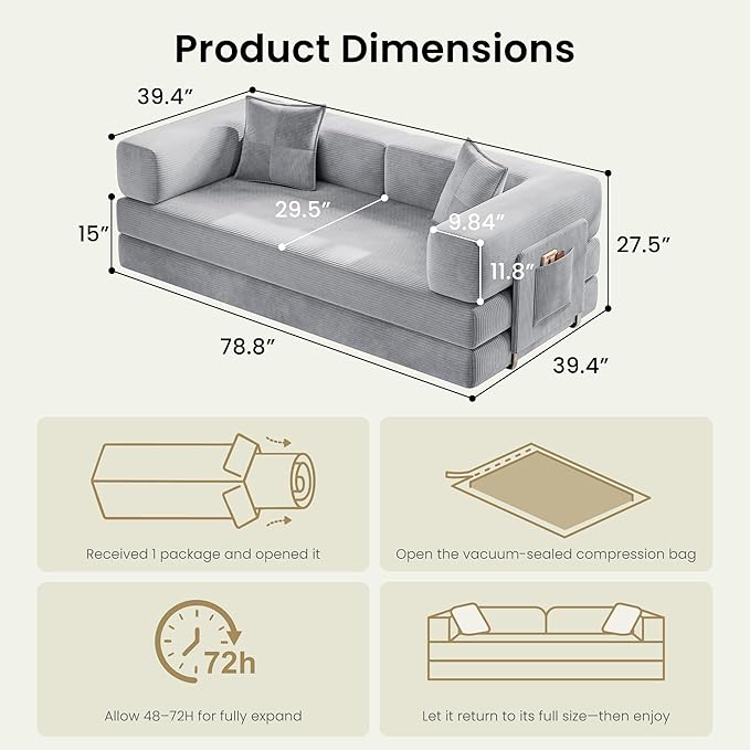 78.8" Convertible Futon Sofa Bed, Corduroy Futon Couch