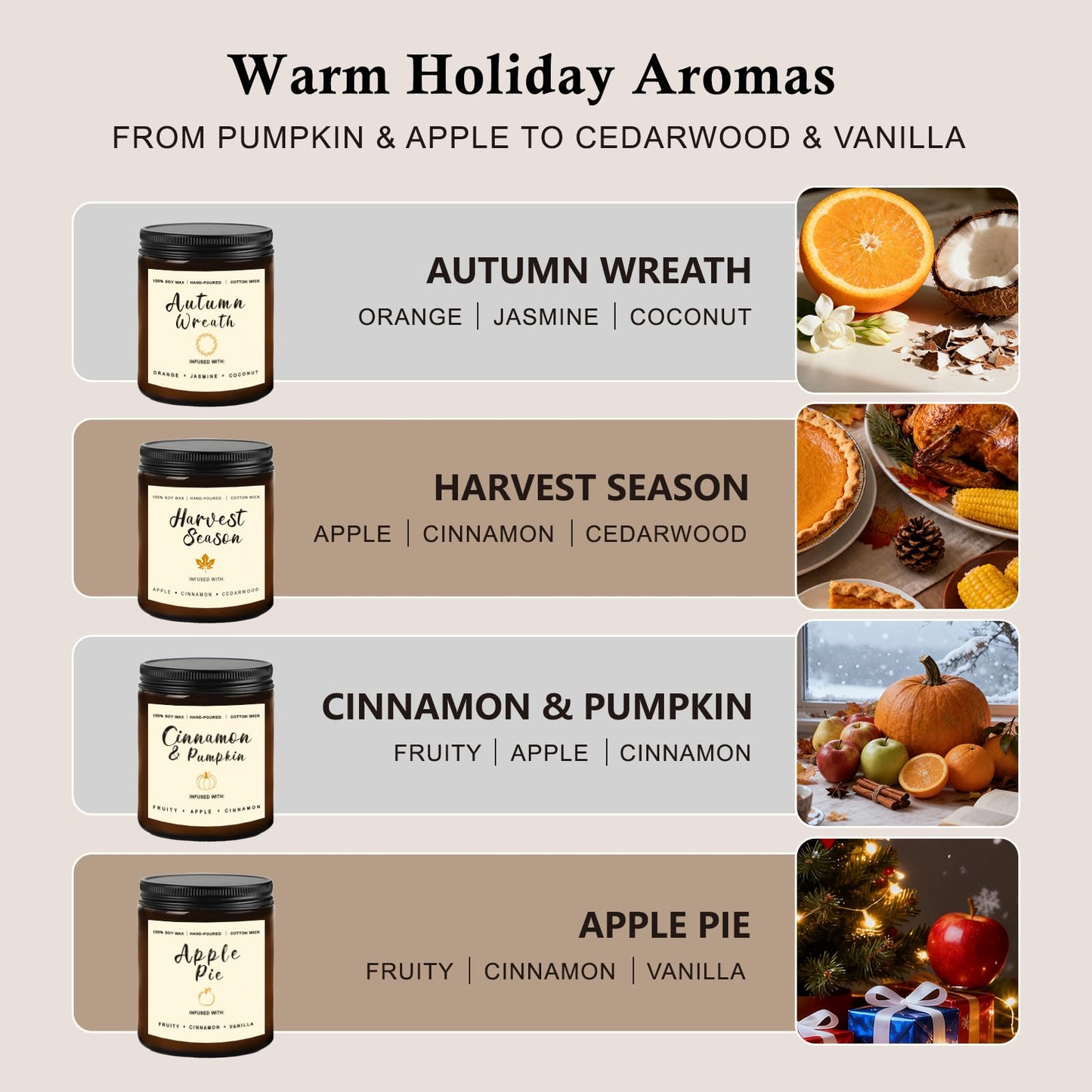 Candles for Home Scented – Cinnamon Pumpkin, Apple Vanilla, Orange Jasmine Coconut, Cedarwood Spice – Long Lasting Soy Candles Set for Home, Birthday & Valentine's Day Gifts for Women