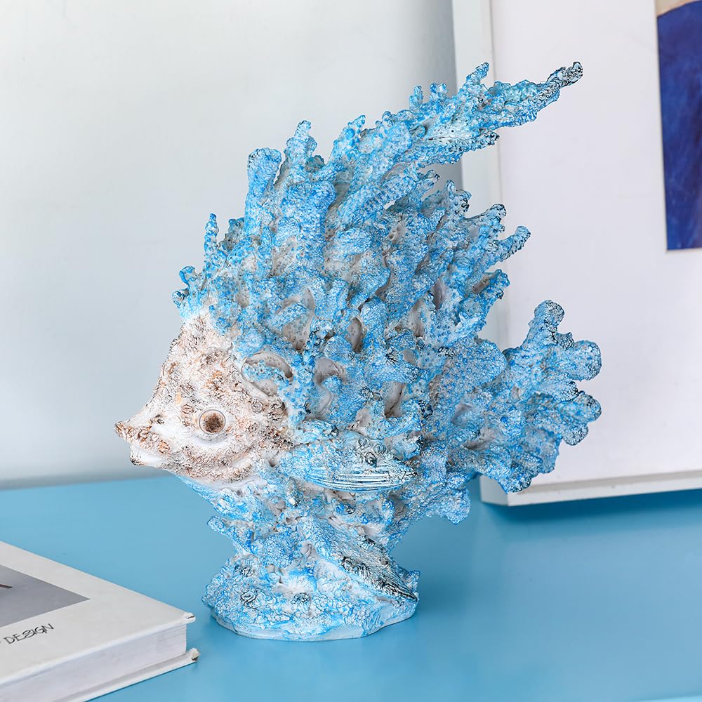 SUYNYBHF Coral Fish Figurines Beach Coastal Coral Reef Decor 9.6-inch Resin Statue Angel Fish Home Office Desktop Sculpture Bathroom Decoration Mom Gift Ornament Gift(Blue) (Blue Coral Fish)