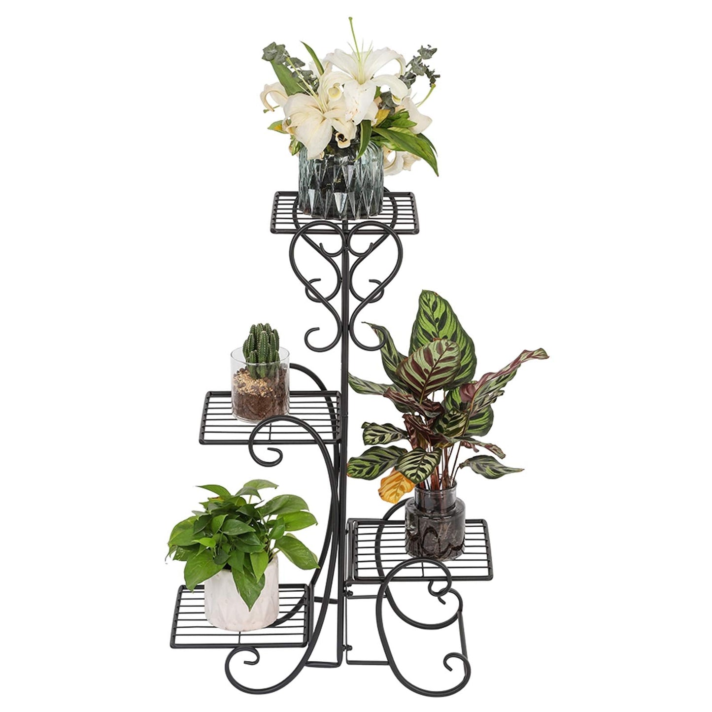 Plant Stand Indoor Outdoor - 4 Tier Corner Shelf Shelves Decoration Display Rack - Metal Wrought Iron Multi Flower Planter Potted Holder Organizer for Living Room Balcony Garden Patio Black