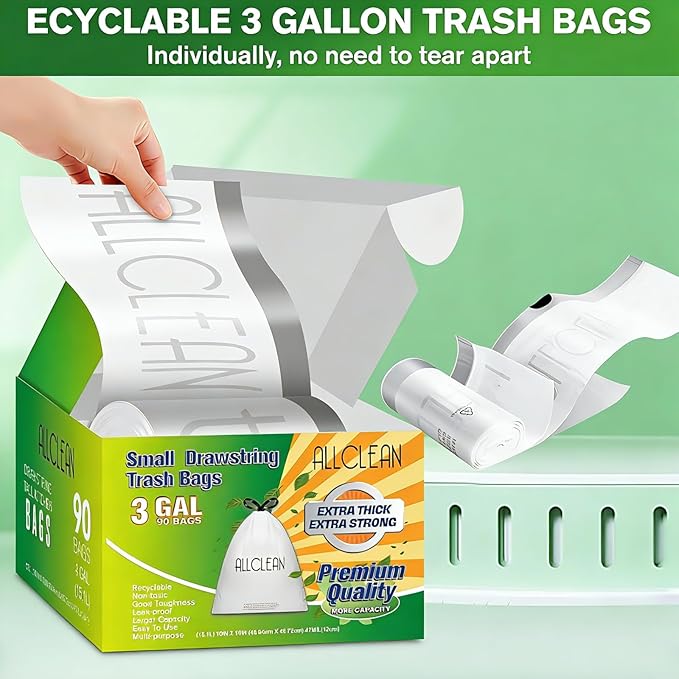 Trash Bags 3 Gallon Small Kitchen Drawstring Bathroom Garbage Bags, Fit 3 Gal